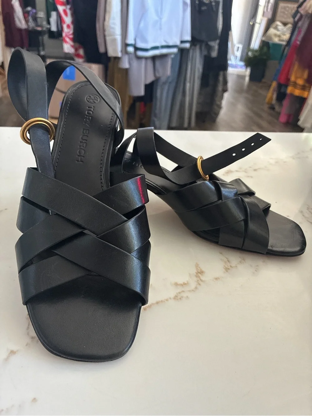 Tory Burch Black Leather Woven Block Heel Ankle Strap Sandals Size 7.5